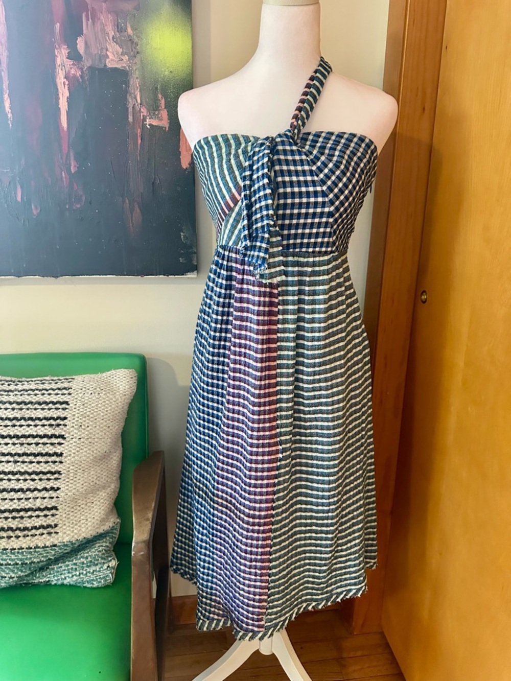 Maeve One-Shoulder Gingham Dress in Navy, Cream and Green